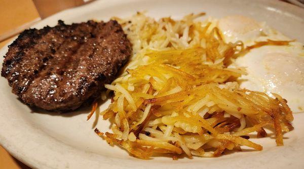 Hamburger patty, hash browns & 2 overeasy eggs (3/8/24)