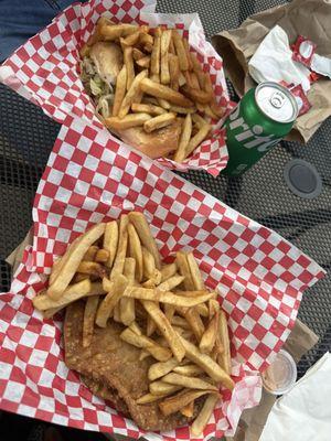 Beef & cheese empanada, chicken chopped cheese & fries