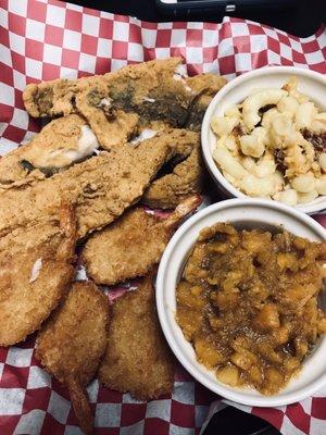 Fish and shrimp plate with baked Mac and yams