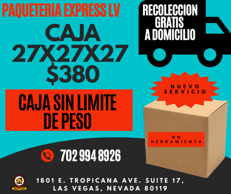 Caja sin limite de peso 27X27X27 $380.00
Recoleccion a domicilio GRATUITA