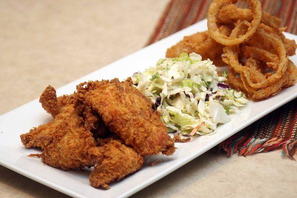 Chicken Tenders with Coleslaw and Onion Rings