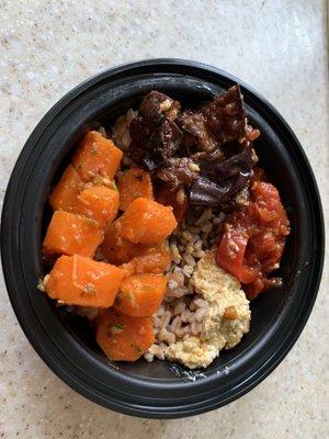 OMG.  The best lunch ever.  Do it yourself Mediterranean bowl with farro and Around the Table salads (carrot, eggplant, olive and pepper).