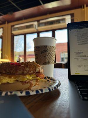 Bagel sandwich and coffee