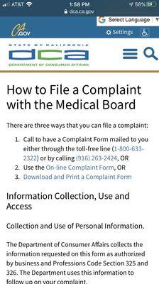 Instructions to file a formal complaint with medical board