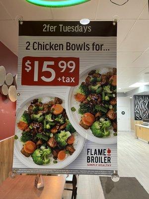 2fer tuesdays - 2 chicken bowls for $15.99