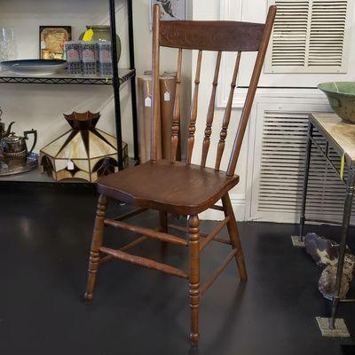 On sale for $100! Early 20th Century American Spindle Pressed Back Carved Oak Chair!