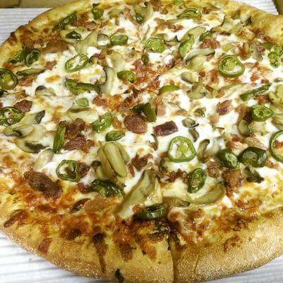 Large pie w/Mushrooms, bacon amd jalapenos peppers. Can wait to try a slice!