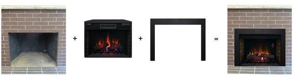 Convert any fireplace to electric with an electric fireplace insert and custom trim kit.