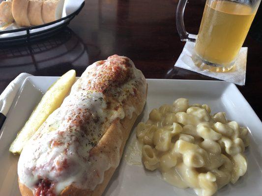 Meatball hoagie, white cheddar Mac-n-cheese.  Sam Adams Summer Ale