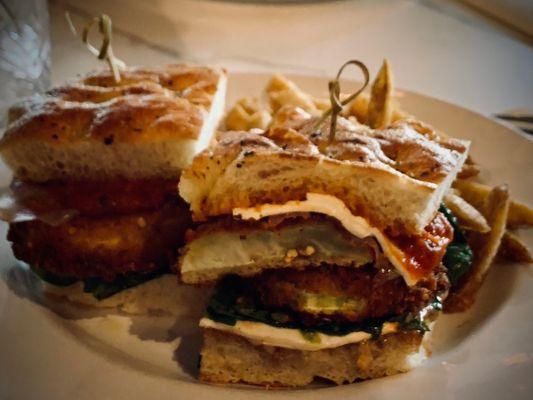 Eggplant focaccia sandwich with prosciutto.