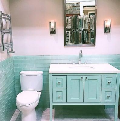 Robin Egg blue meets a transitional, updated classic style bathroom.