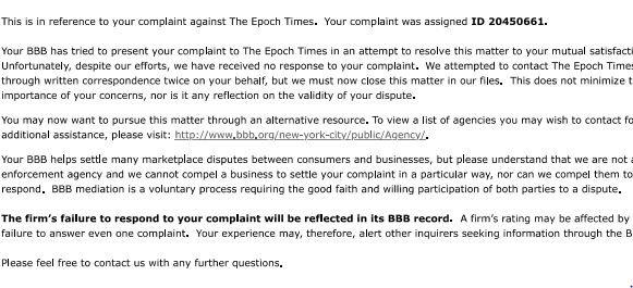 Letter from BBB regarding the Epoch  Times