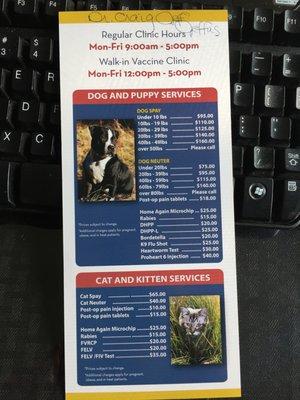 A list of the Services offered and the costs for them; Dogs & Cats listed.