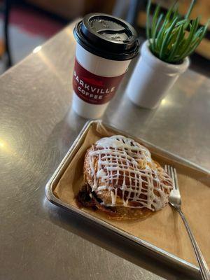 Cinnamon Bun and Seasonal Lavender Latte with Oatmilk