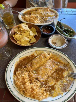 Enchilada plate, enchilada & burrito plate, & roasted jalapeños