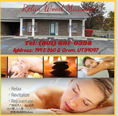 Relax Wood Massage 9:30AM-10:00Pm Address: 194 E 860 S  Orem, UT 84097 Tel: (801) 691-0398