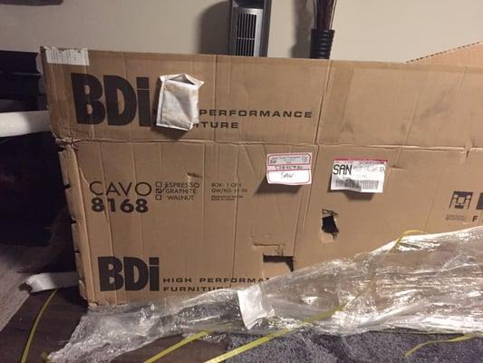 Damaged expensive BDI furniture THANKS FOR BEING SO CHEAP BEST BUY! This freight company shouldn't even be in business