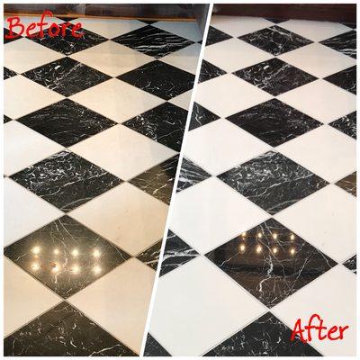 Marble bathroom floor restoration and grout stain.