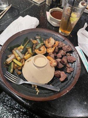 Hibachi Steak and Shrimp with veggies.