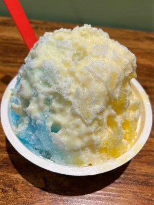 REALLY GOOD! A Medium Shave Ice with Blue Hawaii, Mango, & Coconut & Snow Capped on top @ Brian's Shave Ice in Sherman Oaks CA.