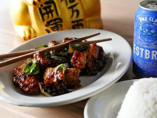 Eggplant & Basil Chicken. Flash-fried chicken tossed with sauteed eggplant and fragrant basil, finished with a soy and sherry pan-reduction.