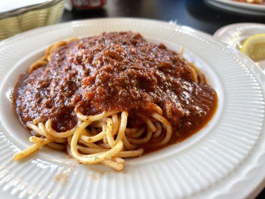 Spaghetti with Ragu. Perfect sauce with a tiny touch of sweet.