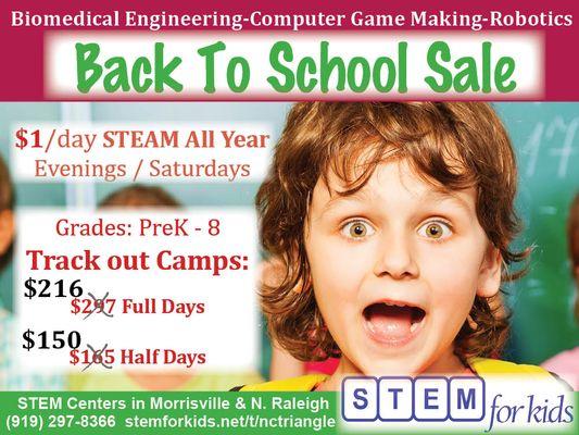 Grades K-8 trackout camps in biomedicine, engineering, coding, computer game making, robotics & more.