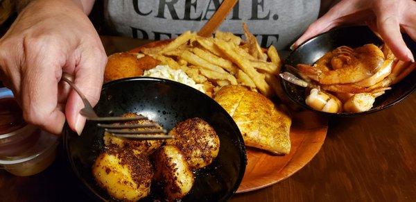 Huge grilled scallops and boiled shrimp.