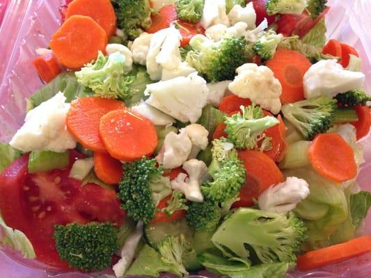 Garden Salad with lettuce, tomato, cucumber, broccoli, cauliflower, celery and carrots. Impressive.