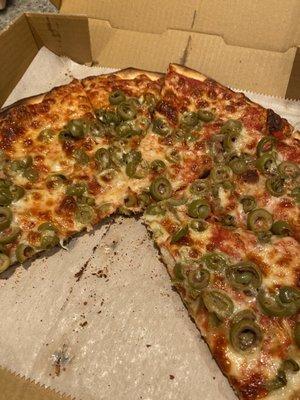 Olives on cheese pizza