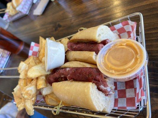 Reuben sub with chips and ranch dip.