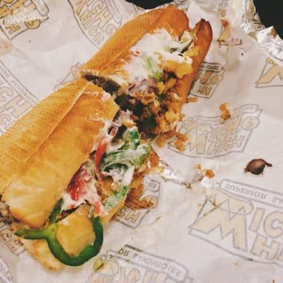 My roast beef sandwich with provolone, caramelized onions (meh), crispy onions, red and green peppers, mushrooms, and mayo.