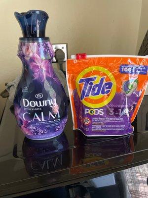 Tide pods, DOWNY  infusions fabric softener.