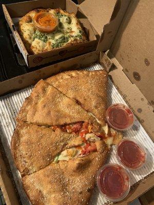 Demon's Spicy White Love Calzone (14" Large) Spinach and Artichoke Cheesy Sticks