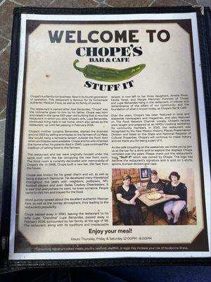 Menu with Chope's story