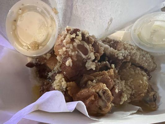 Garlic, Parmesan wings! One of my favorites served with blue cheese dressing.