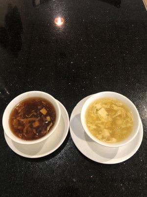 Sweet and Hot & Sour Soup and Egg Drop Soup.  Both are fabulous. The egg drop tastes of fresh corn and egg.