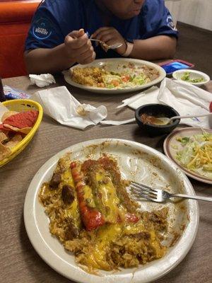 Piggy Slop Plate, Chips & Salsa, Chicken Puffy Taco and Fajita Plate w fresh avocado.