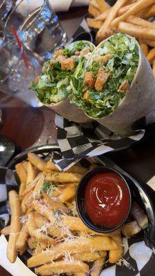 Chicken Caesar salad wrap and truffle fries