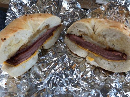 Taylor Ham and Cheese with Hash Brown on Onion Bagel