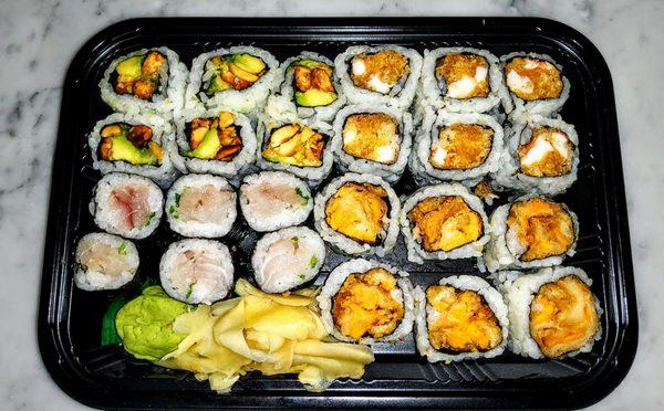 Peanut/Avocado, Spicy Shrimp, Yellow Tail and Sweet Potato rolls.