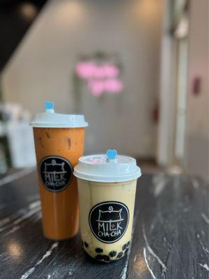 Darjeeling milk tea with boba and thai milk tea