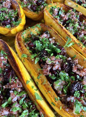 Vegetarian + gluten-free option...roasted spaghetti squash stuffed w/ red rice, dried cranberries, herbs and spices.