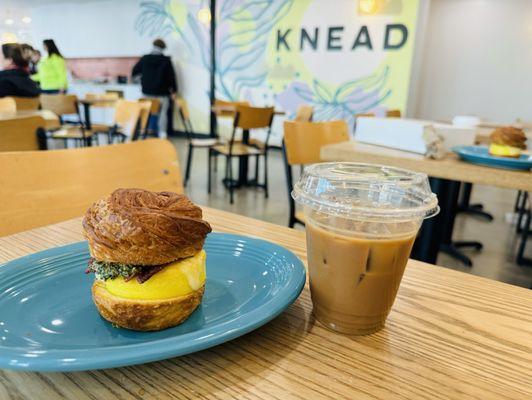 Breakfast sandwich with an iced chai