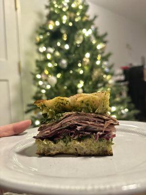 Roast beef radicchio on sea salt focaccia