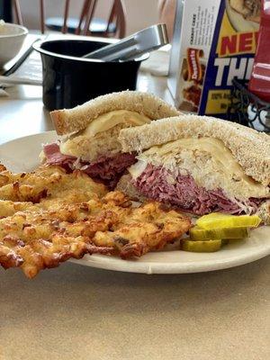 Reuben Sandwich and a Potato Pancake