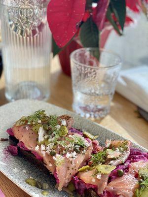 Smoked Salmon Tartine! And fresh flowers on the table every visit!