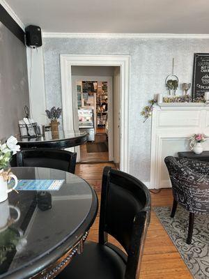 In the dining room looking towards the hall that leads to the bakery