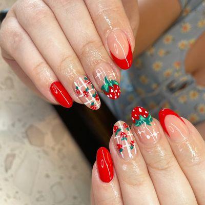 Gel manicure w/nail art. Hand painted strawberry design. $20+ Book now!