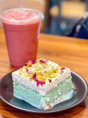 Pistachio Milk Cake and a Strawberry smoothie